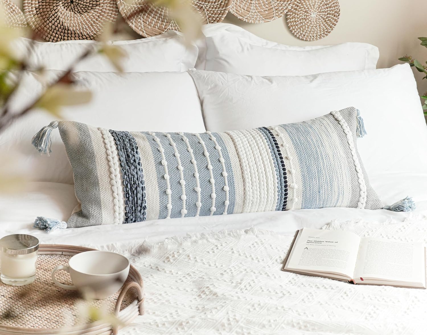 BlissBlush Coastal Blue Decorative Lumbar Pillow Cover 14x36 Boho Long Body Pillow for Bed Farmhouse Lumbar Throw Pillow for Couch Modern Accent Textured Throw Pillowcase